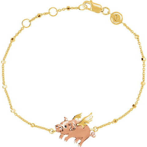 18k Yellow Gold Vermeil Flying Pig 7.5" Bracelet for Luck