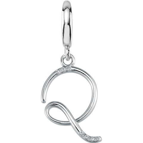 Sterling Silver .03 CTW Diamond 1mm Round Script Initial Charm Letter "Q"
