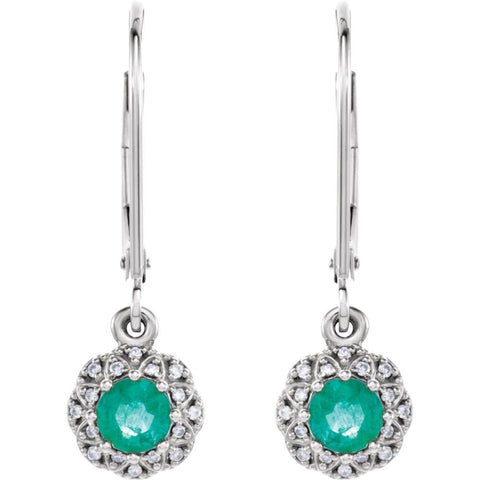 14k White Gold Emerald & .08 CTW Diamond Earrings