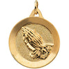 19.00 mm Disc with Praying Hands Pendant in 14K Yellow Gold 19.00 mm Disc with Praying Hands Pendant in 14K Yellow Gold