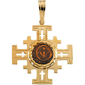 14k Yellow Gold Jerusalem Cross Pendant with Widow's Mite Coin