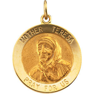 14k Yellow Gold 18mm Mother Teresa Round Pendant Medal