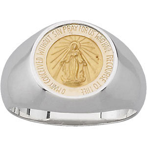 Sterling Silver & 14k Yellow Gold Round Miraculous Medal Ring Size 7