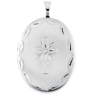 Sterling Silver .015 CT Diamond Oval Locket Cross Necklace