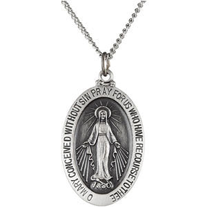 Sterling Silver 29x20mm Oval Miraculous Medal 24" Necklace