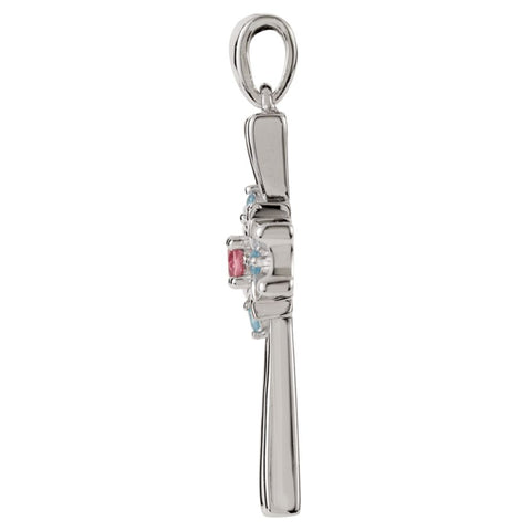 Sterling Silver Pink Tourmaline & Swiss Blue Topaz Cross Pendant