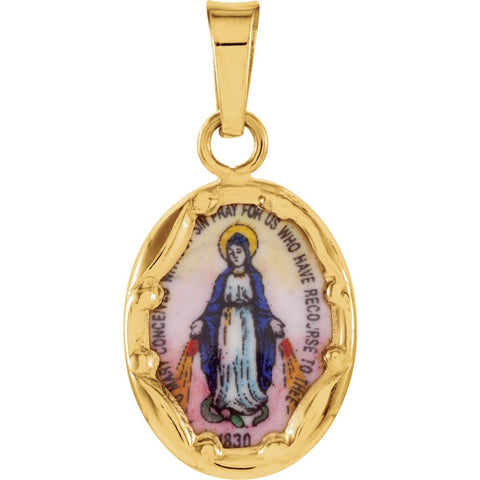 14k Yellow Gold 13x10mm Miraculous Hand-Painted Porcelain Medal