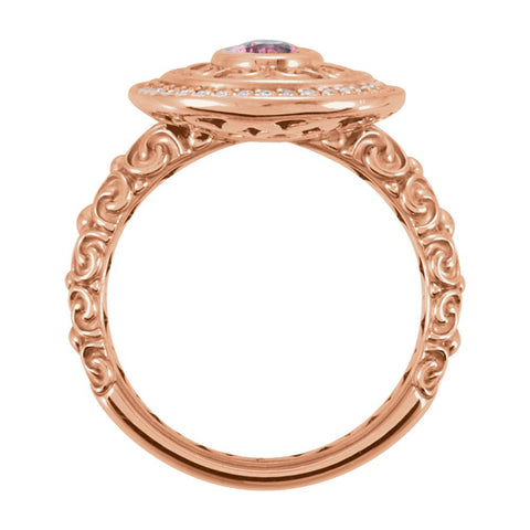 14k Rose Gold 7x5mm Pink Tourmaline & 1/5 CT Diamond Ring, Size 7