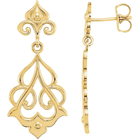 14k Yellow Gold 29x13mm Decorative Dangle Earrings