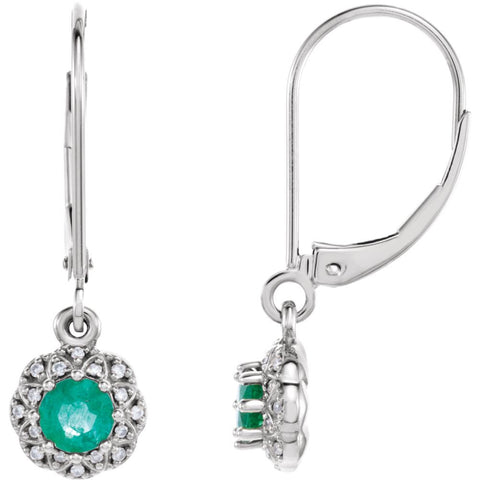 14k White Gold Emerald & .08 CTW Diamond Earrings