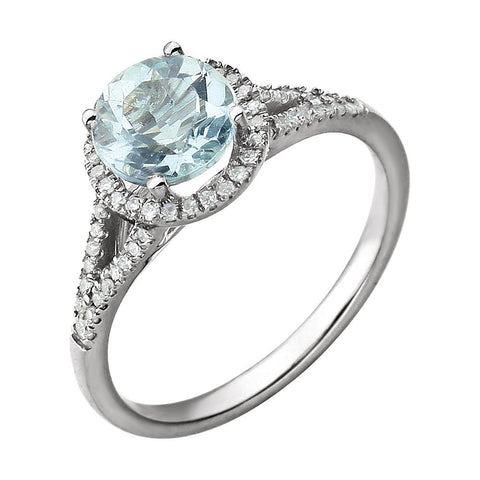 14k White Gold Aquamarine & 1/5 CTW Diamond Ring, Size 7