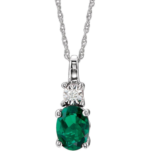 14k White Gold Created Emerald & .02 CTW Diamond Necklace