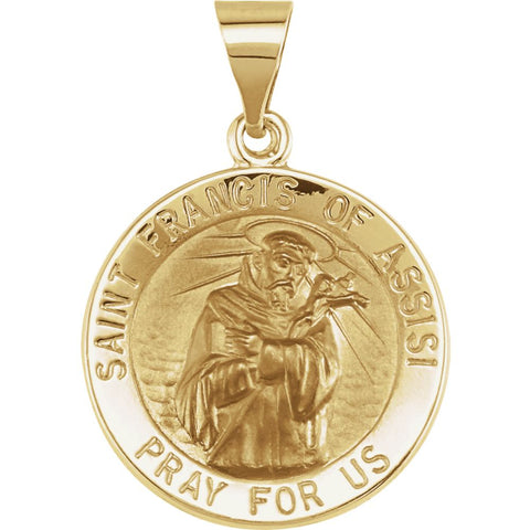 14k Yellow Gold 18.25mm Round Hollow St. Francis of Assisi Medal