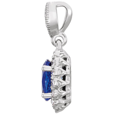 14k White Gold Chatham® Created Blue Sapphire and 1/5 CTW Diamond Pendant