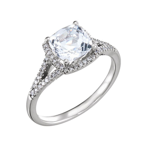 14k White Gold Created White Sapphire & 1/5 CTW Diamond Ring