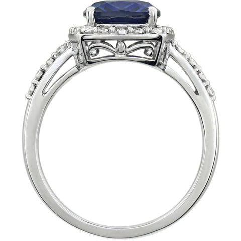 14k White Gold Created Blue Sapphire & .07 CTW Diamond Ring, Size 7