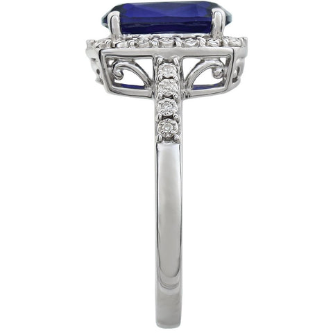 14k White Gold Created Blue Sapphire & .07 CTW Diamond Ring, Size 7