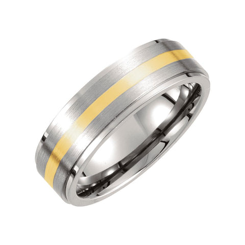 Titanium & 14k Yellow Gold Inlay 7mm Ridged & Satin Finished Band Size 10.5