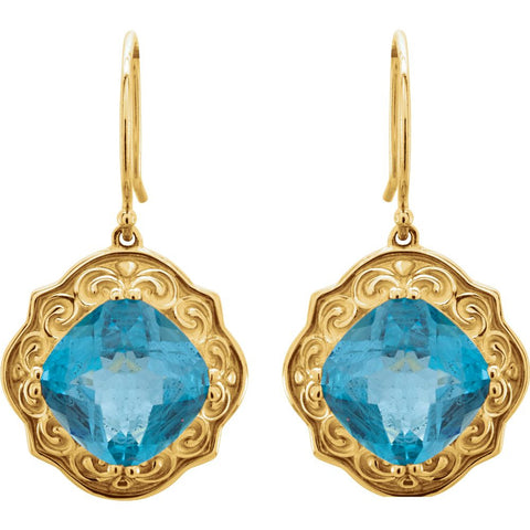 14k Yellow Gold 10x10mm Swiss Blue Topaz Earrings