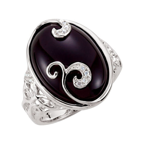 Sterling Silver Onyx & Diamond Accented Scroll Design Ring, Size 7