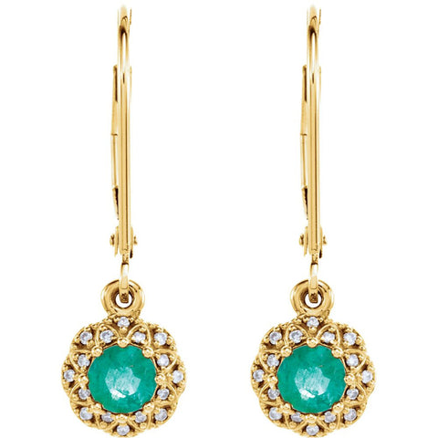 14k Yellow Gold Emerald & .08 CTW Diamond Earrings