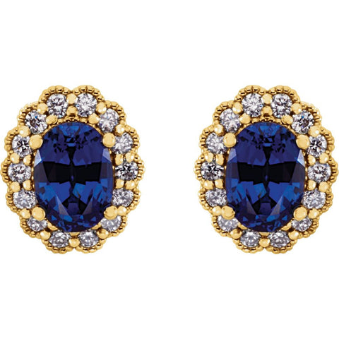14k Yellow Gold Chatham® Created Blue Sapphire & 3/8 CTW Diamond Earrings