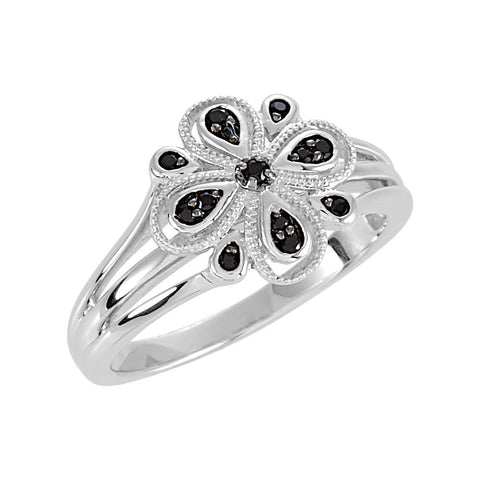 Sterling Silver Floral-Inspired Black Spinel Ring with Split Shank, Size 7