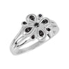 Floral Design Black Spinel Ring with Split Shank in Sterling Silver, Size 7