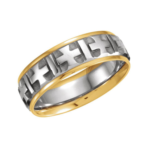 14K White & Yellow Gold 7mm Comfort-Fit Cross Pattern Band Size 8.5