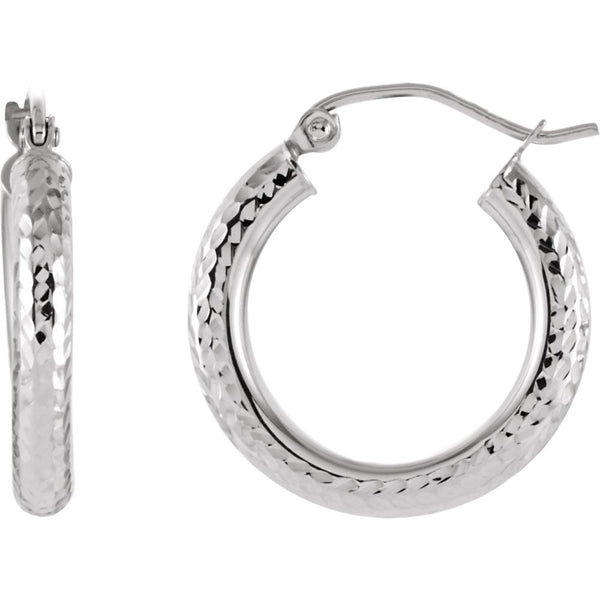 14k White Gold Diamond Cut Hoop Earrings