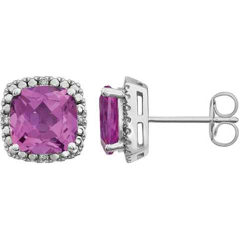 14k White Gold Created Pink Sapphire & .06 CTW Diamond Earrings