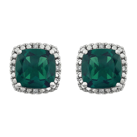 14k White Gold Created Emerald & .06 CTW Diamond Earrings