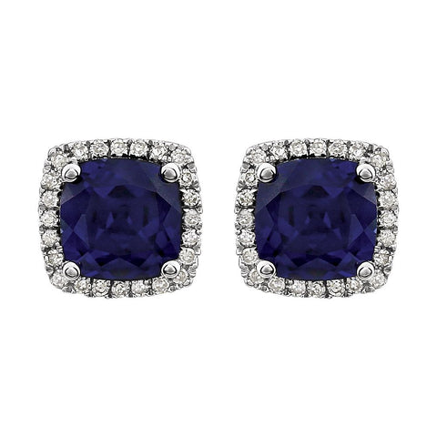 14k White Gold Created Blue Sapphire & 1/8 CTW Diamond Earrings
