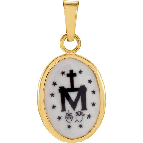 14k Yellow Gold 13x10mm Miraculous Hand-Painted Porcelain Medal