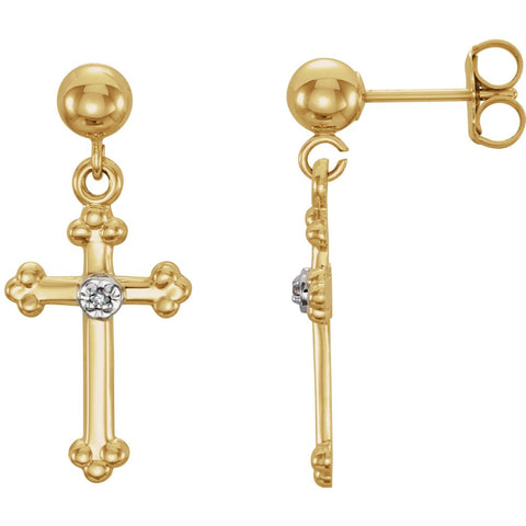 14k Yellow Gold .01 CTW Diamond Cross Dangle Earrings