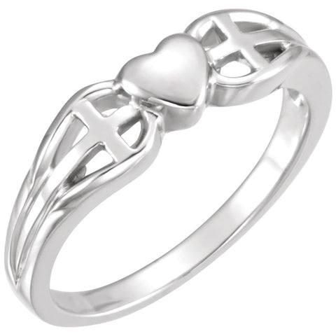 14k White Gold Heart & Cross Ring, Size 7