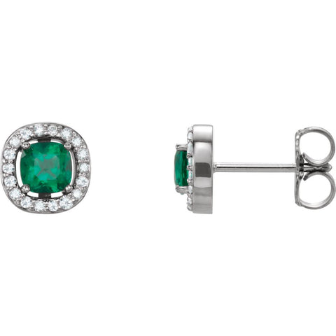 14k White Gold Chatham® Created Emerald & .08 CTW Diamond Earrings