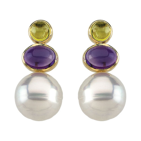 14k Yellow Gold South Sea Cultured Circlé Pearl, Genuine Peridot & Genuine Amethyst Earrings