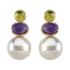 Elegant and Stylish Pair of 12.00 MM and 05.00 MM and 8X6 MM South Sea Cultured Pearl, Genuine Peridot and Genuine Amethyst Earrings in 14K Yellow Gold, 100% Satisfaction Guaranteed.