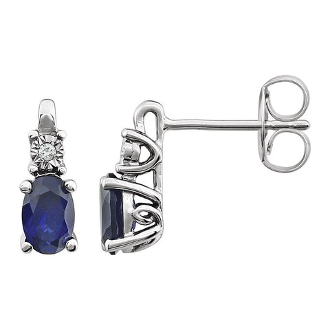 14k White Gold Created Blue Sapphire & .02 CTW Diamond Accented Earrings