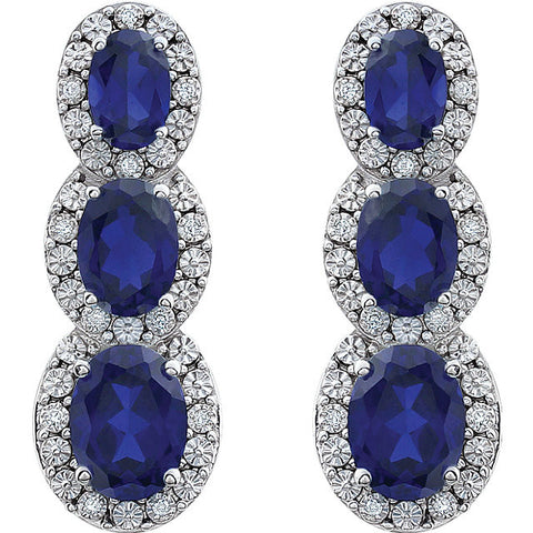 14k White Gold Created Blue Sapphire & .07 CTW Diamond 3-Stone Earrings