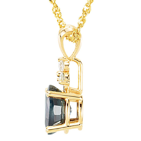 14k Yellow Gold Genuine Sapphire & Diamond Pendant on Sparkling Singapore Chain