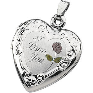Sterling Silver 27.5x19.25mm Enameled Roses "I Love You" Heart Locket