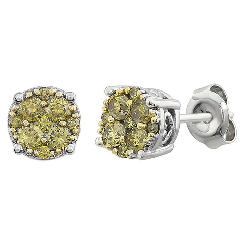 14k White Gold 3/8 CTW Yellow Diamond Cluster Earrings
