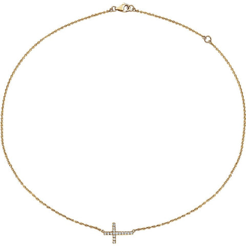 14k Yellow Gold 1/5 CTW Diamond Sideways Cross 16-18" Necklace
