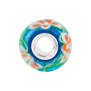 Sterling Silver 14x10mm Blue with Orange Flower Glass Bead
