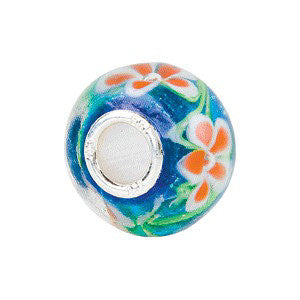 Sterling Silver 14x10mm Blue with Orange Flower Glass Bead