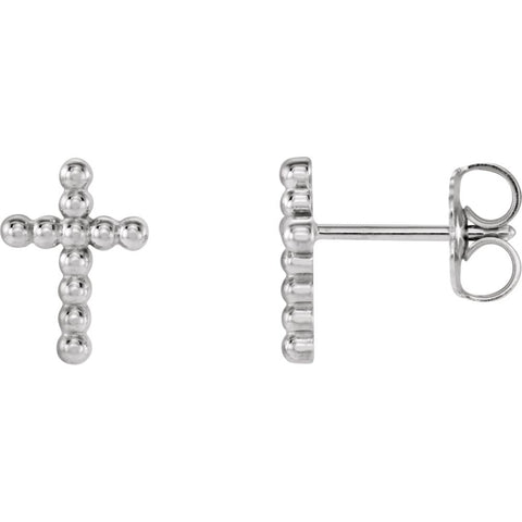 14k White Gold Beaded Cross Earrings