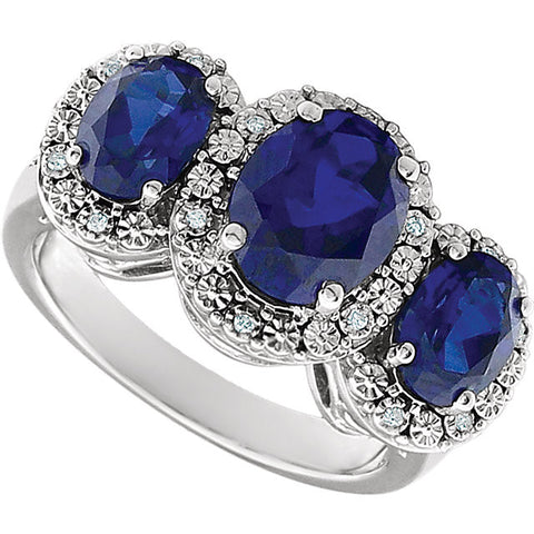 14k White Gold Created Blue Sapphire & .04 CTW Diamond Ring, Size 7