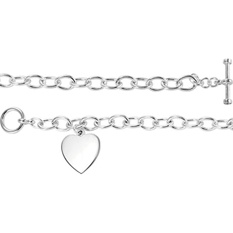 Sterling Silver Cable Toggle Bracelet 7mm with Heart Charm